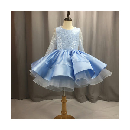 Kids Wedding Dresses - Girls Long Sleeve Lace Sequin Performance Birthday Tutu Skirt