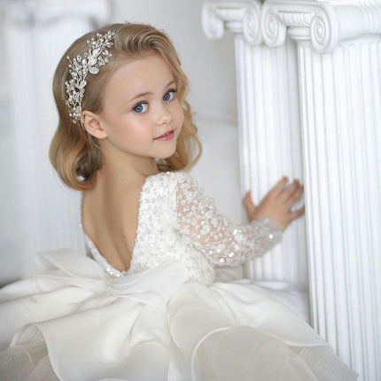 Kids Wedding Dresses - Girls Long Sleeve Lace Sequin Performance Birthday Tutu Skirt