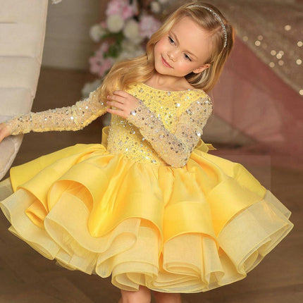 Kids Wedding Dresses - Girls Long Sleeve Lace Sequin Performance Birthday Tutu Skirt