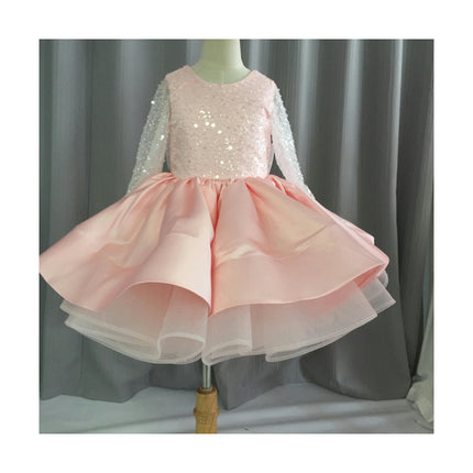 Kids Wedding Dresses - Girls Long Sleeve Lace Sequin Performance Birthday Tutu Skirt