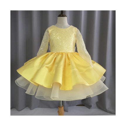 Kids Wedding Dresses - Girls Long Sleeve Lace Sequin Performance Birthday Tutu Skirt