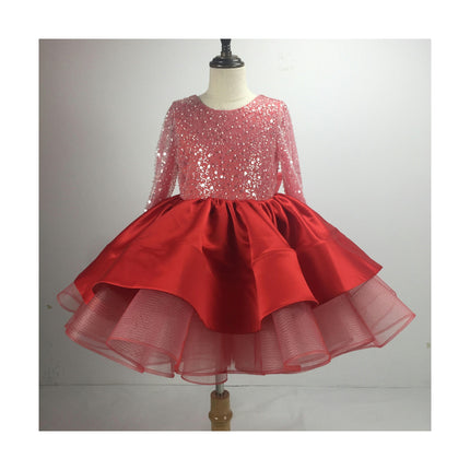 Kids Wedding Dresses - Girls Long Sleeve Lace Sequin Performance Birthday Tutu Skirt