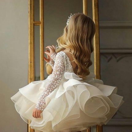 Kids Wedding Dresses - Girls Long Sleeve Lace Sequin Performance Birthday Tutu Skirt