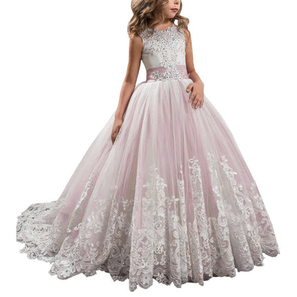 Fancy Flower Girl Dress Long Lace Pageant Puffy Tulle Ball Gown-A1