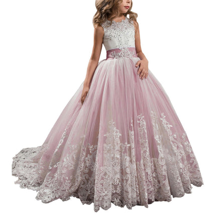 Fancy Flower Girl Dress Long Lace Pageant Puffy Tulle Ball Gown-A1