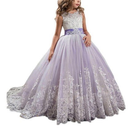 Fancy Flower Girl Dress Long Lace Pageant Puffy Tulle Ball Gown-A1