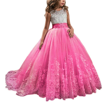 Fancy Flower Girl Dress Long Lace Pageant Puffy Tulle Ball Gown-A1