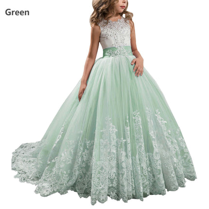 Fancy Flower Girl Dress Long Lace Pageant Puffy Tulle Ball Gown-A1