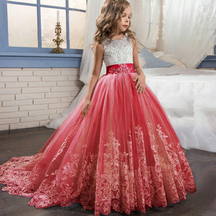 Fancy Flower Girl Dress Long Lace Pageant Puffy Tulle Ball Gown-A1