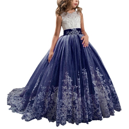 Fancy Flower Girl Dress Long Lace Pageant Puffy Tulle Ball Gown-A1