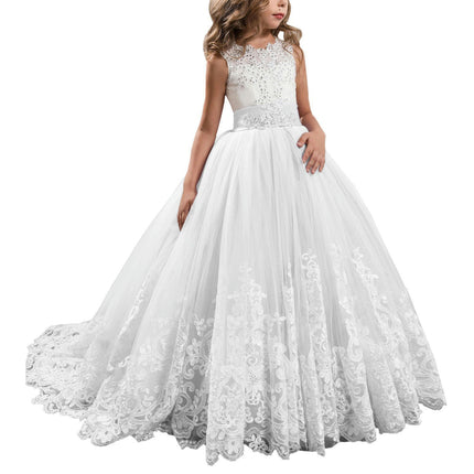 Fancy Flower Girl Dress Long Lace Pageant Puffy Tulle Ball Gown-A1