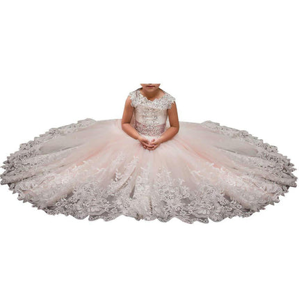 Fancy Flower Girl Dress Long Lace Pageant Puffy Tulle Ball Gown-A1