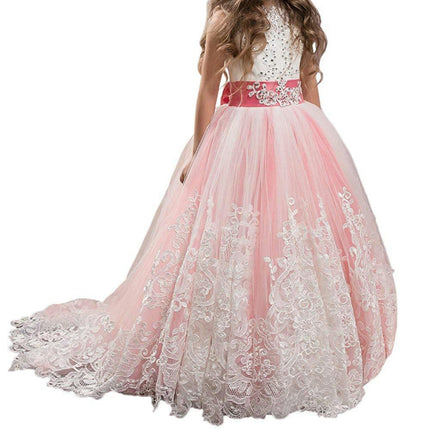 Fancy Flower Girl Dress Long Lace Pageant Puffy Tulle Ball Gown-A1