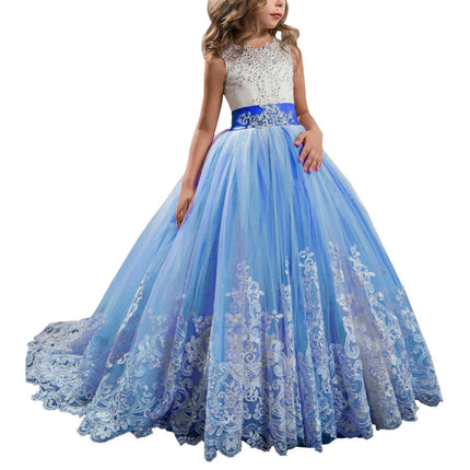 Fancy Flower Girl Dress Long Lace Pageant Puffy Tulle Ball Gown-A1