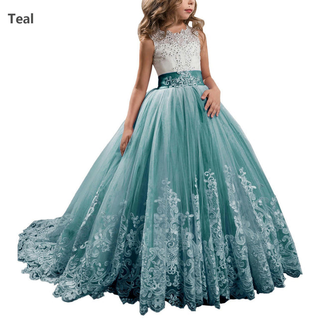 Fancy Flower Girl Dress Long Lace Pageant Puffy Tulle Ball Gown-A1