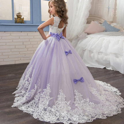 Fancy Flower Girl Dress Long Lace Pageant Puffy Tulle Ball Gown-A1