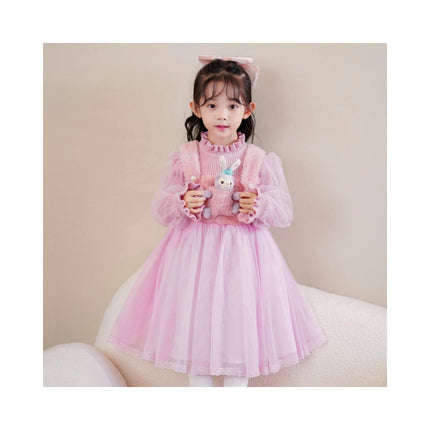 Girls Autumn and Winter Dress Long Sleeve Knitted Splicing Bunny Princess Dress