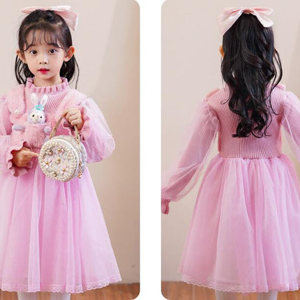 Girls Autumn and Winter Dress Long Sleeve Knitted Splicing Bunny Princess Dress