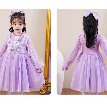 Girls Autumn and Winter Dress Long Sleeve Knitted Splicing Bunny Princess Dress