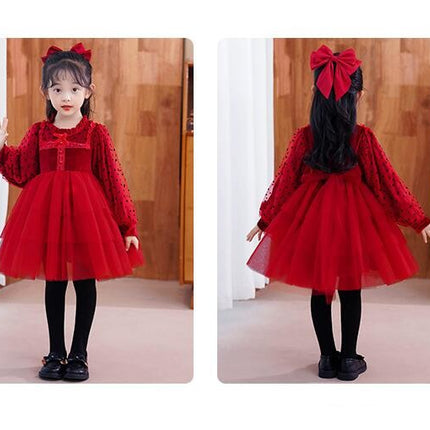 Girls Princess Dress Autumn and Winter Children's Long Sleeve Dress Little Girl Velvet Mesh Dress