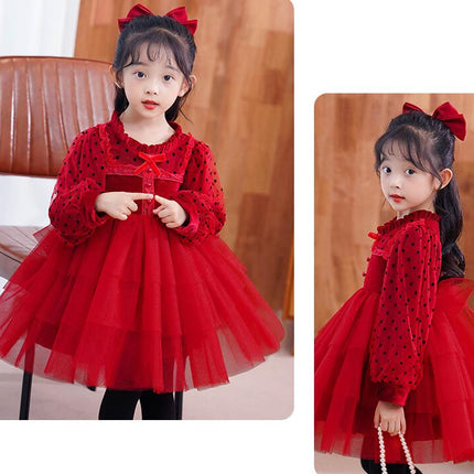 Girls Princess Dress Autumn and Winter Children's Long Sleeve Dress Little Girl Velvet Mesh Dress