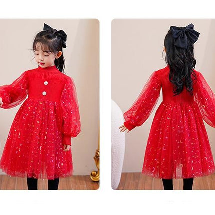 Girls Autumn Dress Knitted Sweater Splicing Mesh Princess Dress