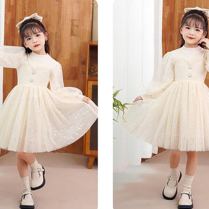 Girls Autumn Dress Knitted Sweater Splicing Mesh Princess Dress