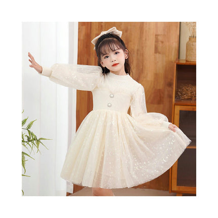 Girls Autumn Dress Knitted Sweater Splicing Mesh Princess Dress