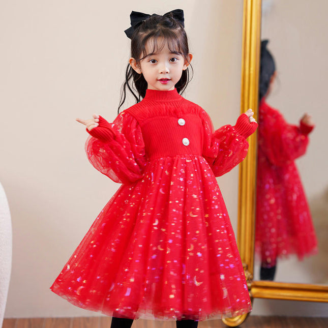 Girls Autumn Dress Knitted Sweater Splicing Mesh Princess Dress