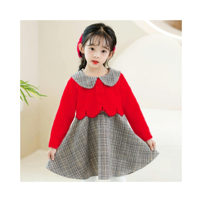 Girls' Padded Plaid Dress-Children's Thickened Fake Two Pieces Winter Skirt