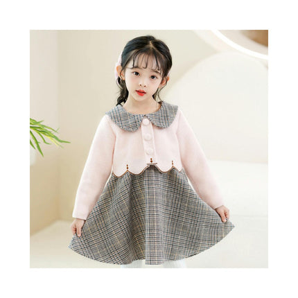 Girls' Padded Plaid Dress-Children's Thickened Fake Two Pieces Winter Skirt