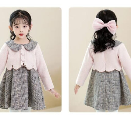 Girls' Padded Plaid Dress-Children's Thickened Fake Two Pieces Winter Skirt