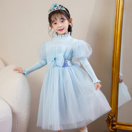 Girls Knitted Long Sleeve Princess Dress-Children's Bowknot Beaded Dress Autumn and Winter