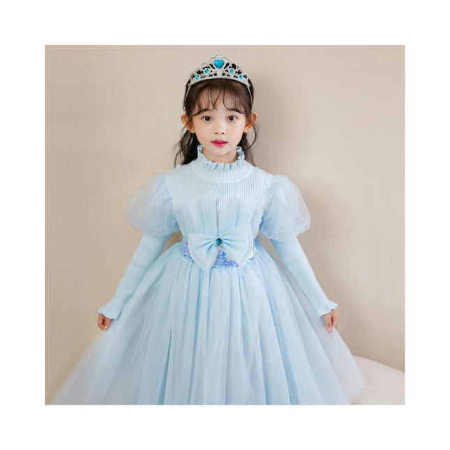 Girls Knitted Long Sleeve Princess Dress-Children's Bowknot Beaded Dress Autumn and Winter