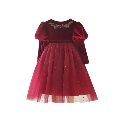 Girls Plus Velvet Christmas Dress Tulle Dress With Skirt Birthday Gift Party