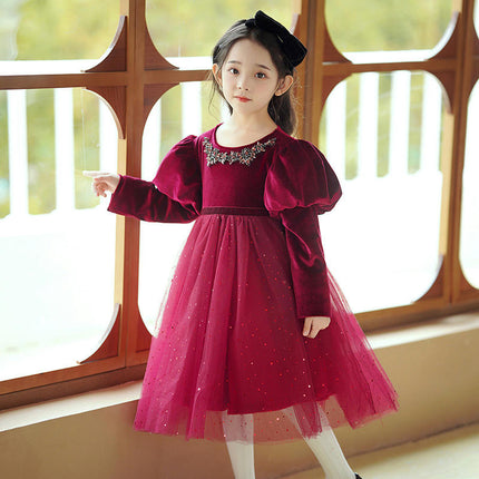 Girls Plus Velvet Christmas Dress Tulle Dress With Skirt Birthday Gift Party