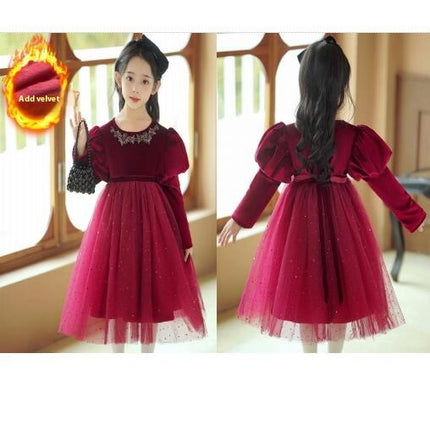 Girls Plus Velvet Christmas Dress Tulle Dress With Skirt Birthday Gift Party