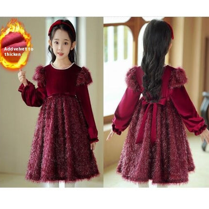 Girls Fall and Winter Velvet Bow Dress Sequin Tassel Princess Dress Bubble Sleeve