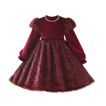 Girls Fall and Winter Velvet Bow Dress Sequin Tassel Princess Dress Bubble Sleeve