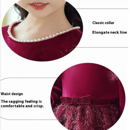 Girls Fall and Winter Velvet Bow Dress Sequin Tassel Princess Dress Bubble Sleeve