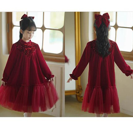 Baby Girl Velvet Dress-Autumn and Winter Party Evening Mesh Dress