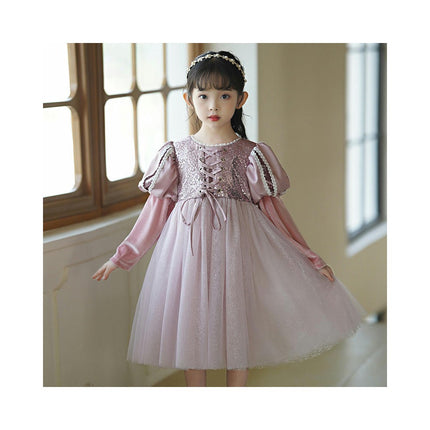 Girls Long Sleeve Princess Dress Autumn Winter Velvet Sequin Tulle Skirt Party Dress Dress