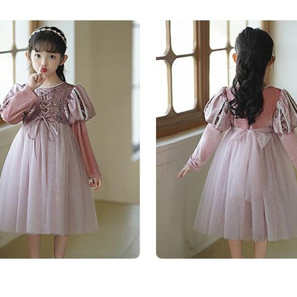 Girls Long Sleeve Princess Dress Autumn Winter Velvet Sequin Tulle Skirt Party Dress Dress