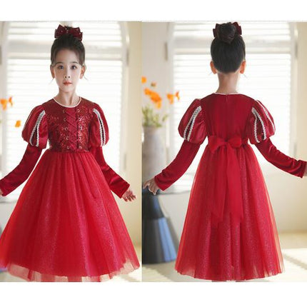 Girls Long Sleeve Princess Dress Autumn Winter Velvet Sequin Tulle Skirt Party Dress Dress