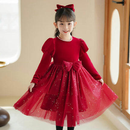 Toddler Velvet Dress Long Sleeve Baby Girls Tulle Tutu Party Dresses for Special Occasion