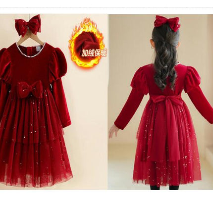 Toddler Velvet Dress Long Sleeve Baby Girls Tulle Tutu Party Dresses for Special Occasion