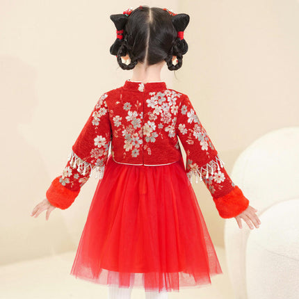 Girls Plus Velvet Tang Suit Hanfu-Winter Little Girl New Year Dress