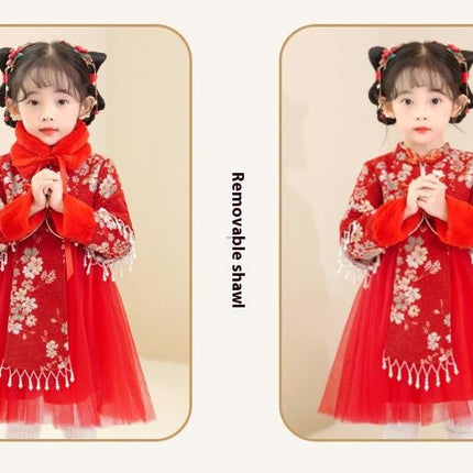 Girls Plus Velvet Tang Suit Hanfu-Winter Little Girl New Year Dress