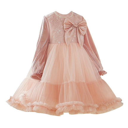 Girls' Fall and Winter Golden Velvet Bow Dress Flower Girl Beaded Sequin Puffy Dress