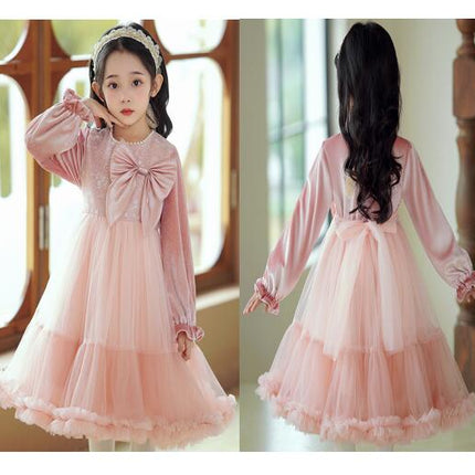 Girls' Fall and Winter Golden Velvet Bow Dress Flower Girl Beaded Sequin Puffy Dress